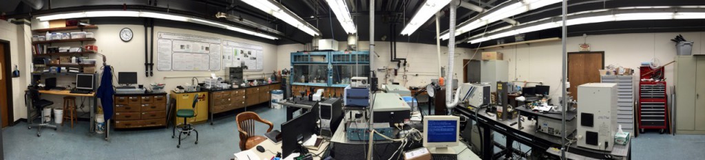 Murray lab in 335 Choppin Hall at LSU: mid-infrared optical parametric oscillator system (center) and laser ablation particle sizing system (right).